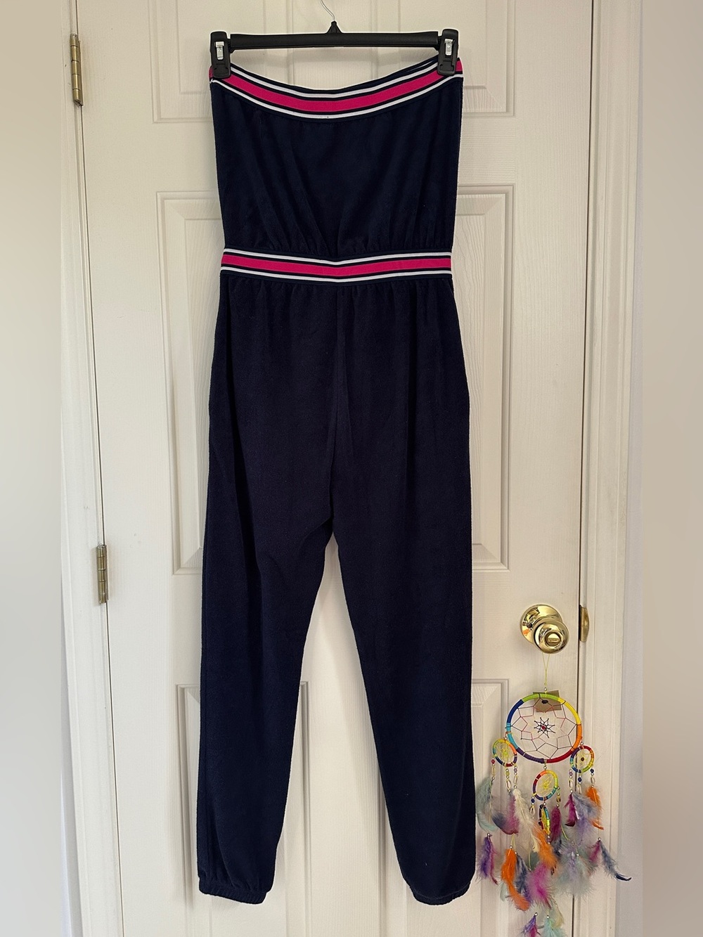 Vintage Terry Cloth Romper Strapless Navy Jumpsuit with Pink Trim